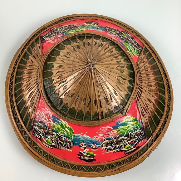 VTG Asian Wicker Bamboo Hat hand painted Gardening Beach Field Handmade SZ OSFM - Picture 9 of 12
